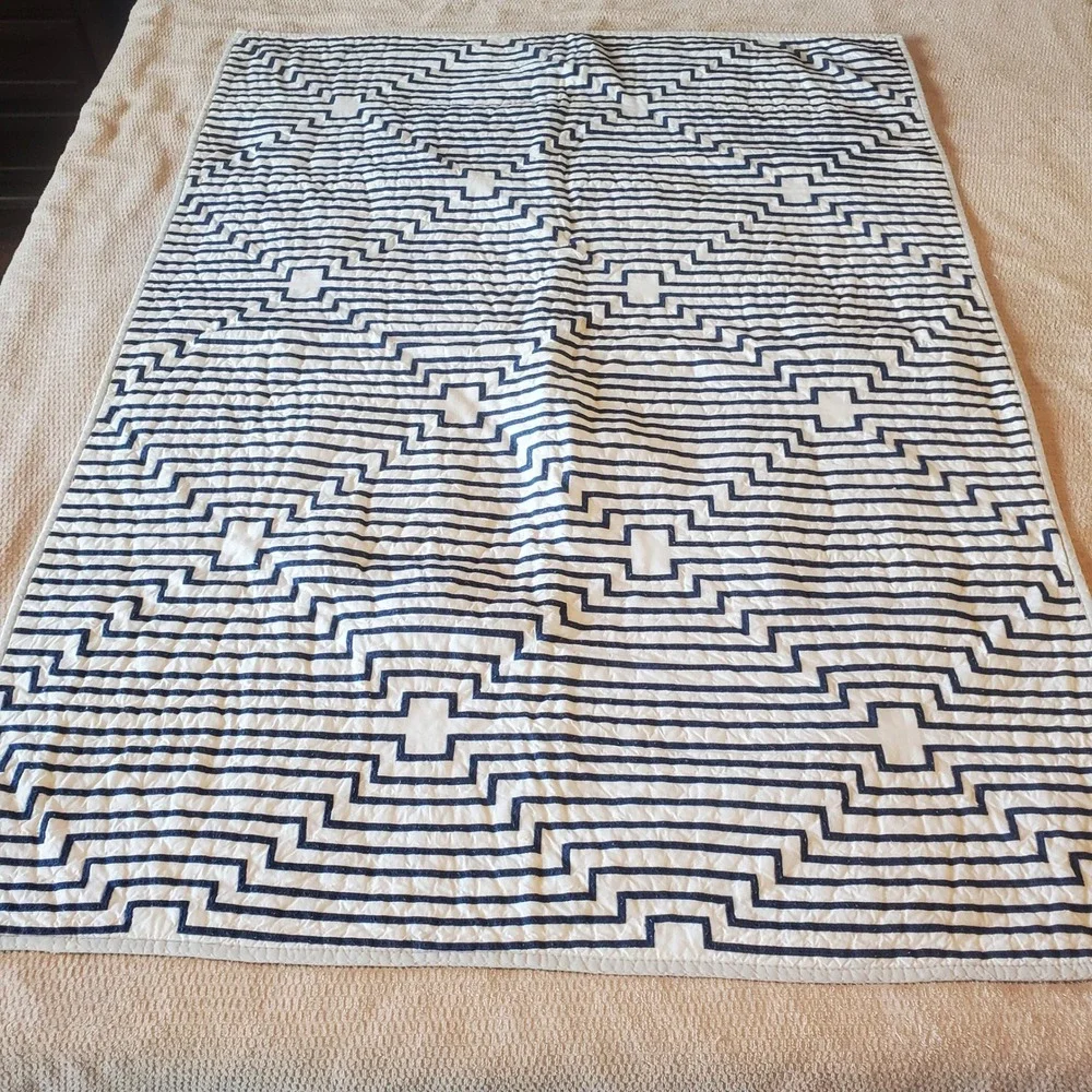 Potterybarn Kids Navy Blue White Geometric Baby Crib Quilt Blanket vintage